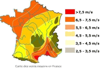 carte des vitesses moyennes de vent en France