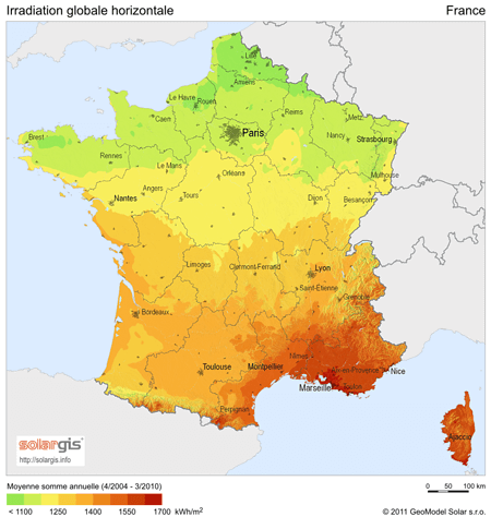 carte du gisement solaire en France pour une irradiation horizontale